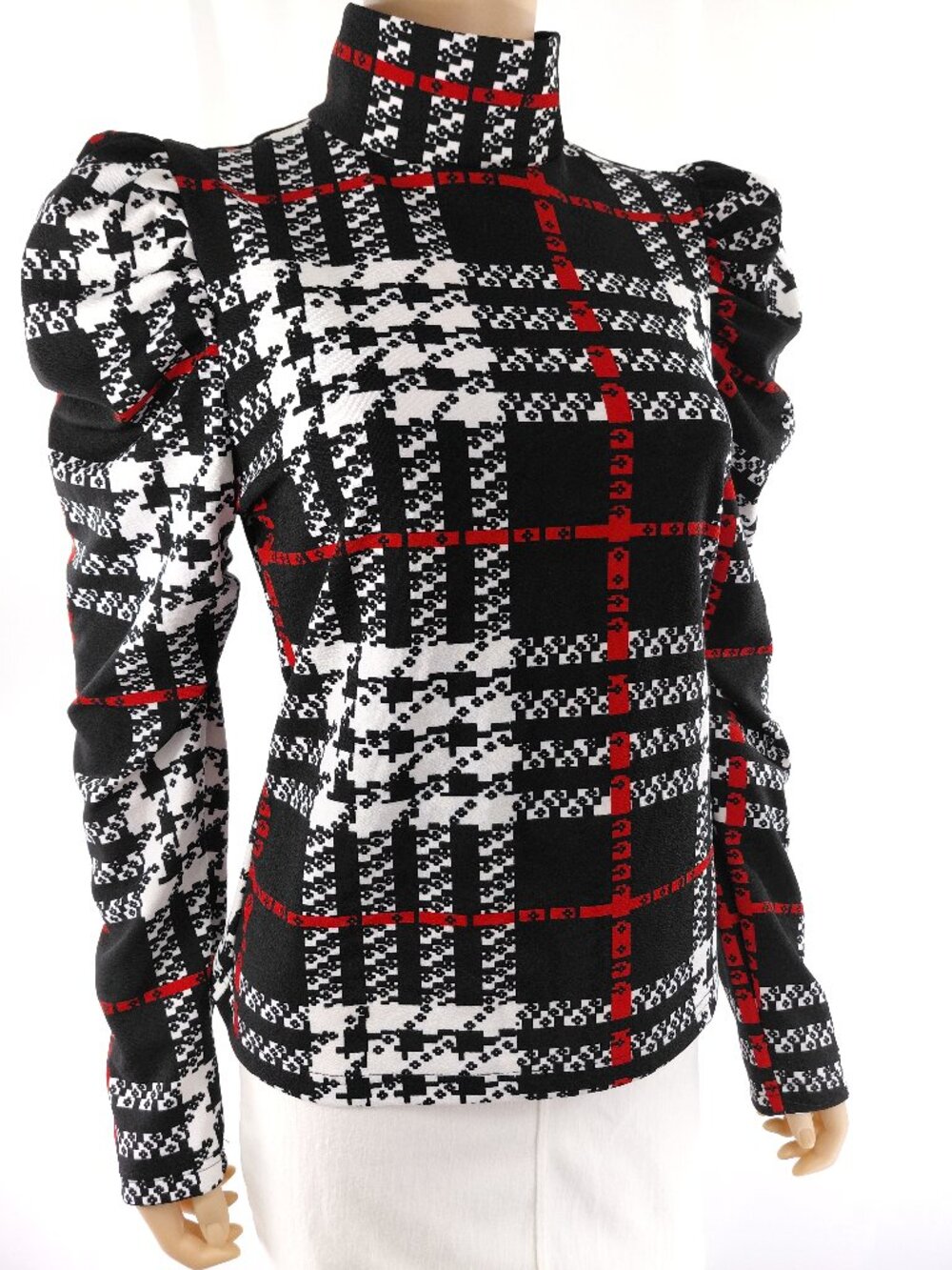 SHEIN Blouse Puff Top LS Stretch Plaid L